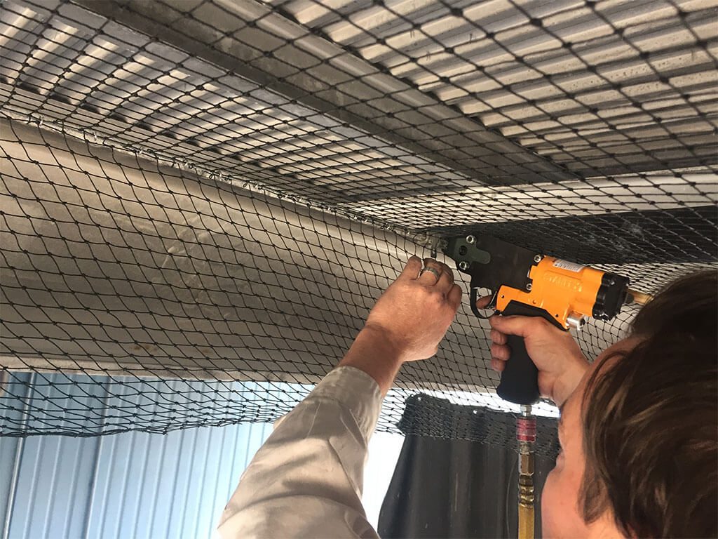 man putting up a mesh net | bird blocking
